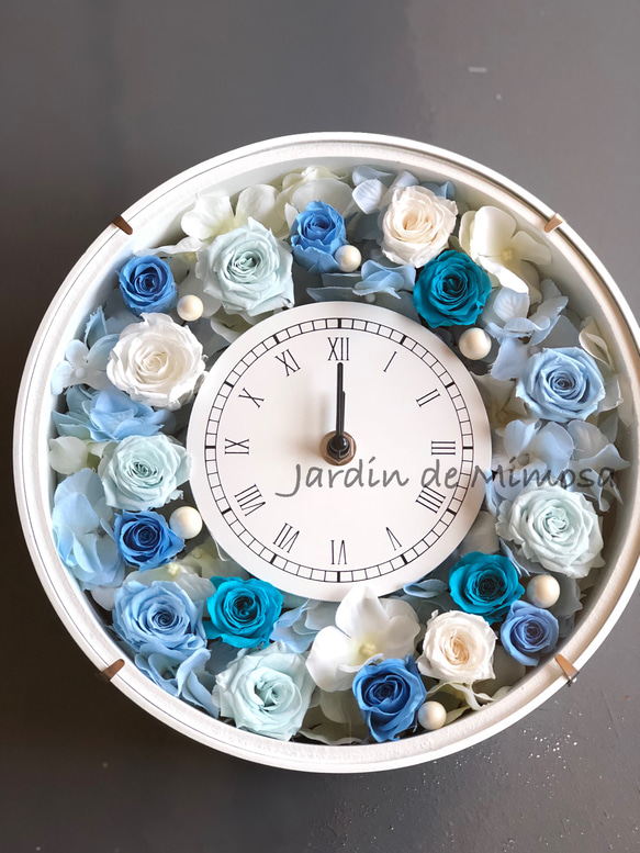 再販3ターコイズブルー ウェディング祝い結婚式にも♡バラとアジサイ花時計 プリザーブドフラワー 6枚目の画像