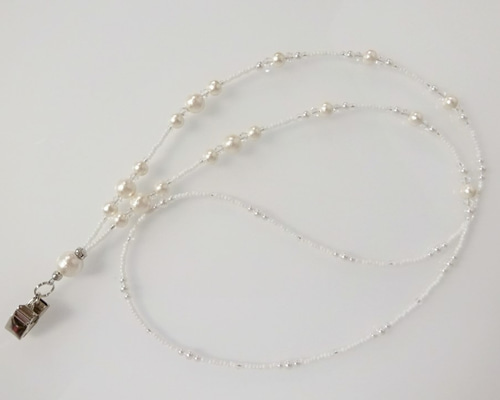 きらきらビーズのネックストラップ ホワイトコットンパール＜送料込