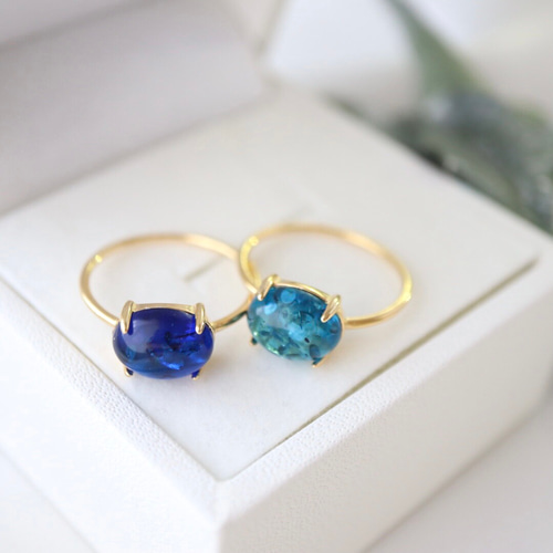 美しいブルー。バルティックアンバー(琥珀) 10×8mm 華奢リング 指輪