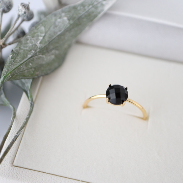 選べる金具》美しい黒。ブラックオニキス 6mm 華奢リング ゴールド or