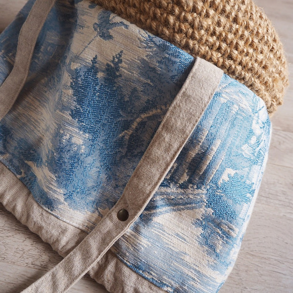 受注製作・青いトワルドジュイの巾着かごバッグ・ジャガード 8枚目の画像