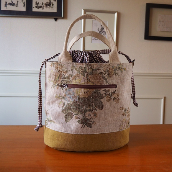 受注製作・リネンの花束プリントの巾着トートバッグ /オリーブ 2枚目の画像