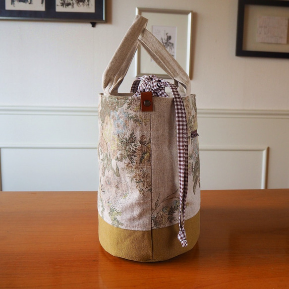 受注製作・リネンの花束プリントの巾着トートバッグ /オリーブ 4枚目の画像