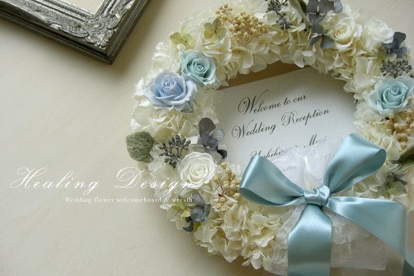 ウェルカムボード リース（ホワイトアジサイ＆モダンブルー）ウェディングリース プリザーブドフラワー リゾートウェディング