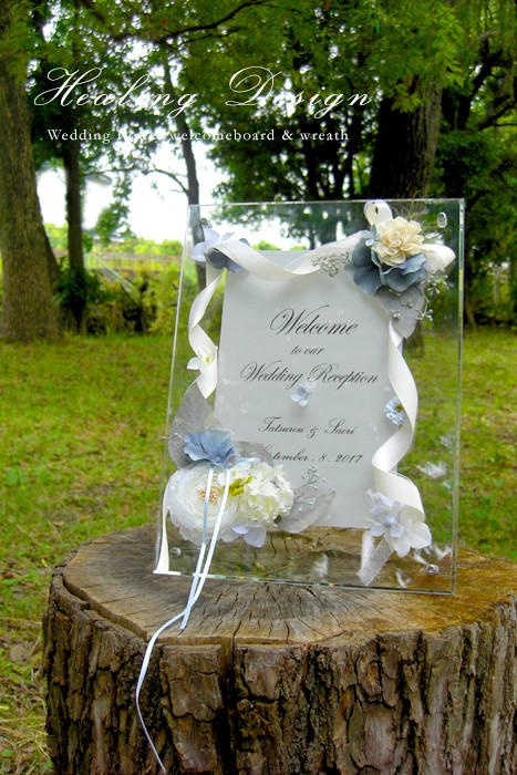 結婚式 ウェルカムボード（クリアー＆ブルーフラワー）ガーデンウェディング 海 リゾート ブルー 夏  / 受注製作