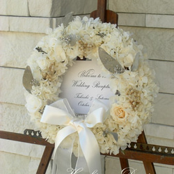 ウェルカムリース（ホワイトアジサイ）結婚式 プリザーブドフラワー  ウェディング ウェルカムボード 1枚目の画像