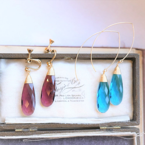 マーキス　ブルーオブシディアン　　14kgfピアス 再…販＊人気！14Kgf!大粒☆スイスブルートパーズクォーツのマーキス