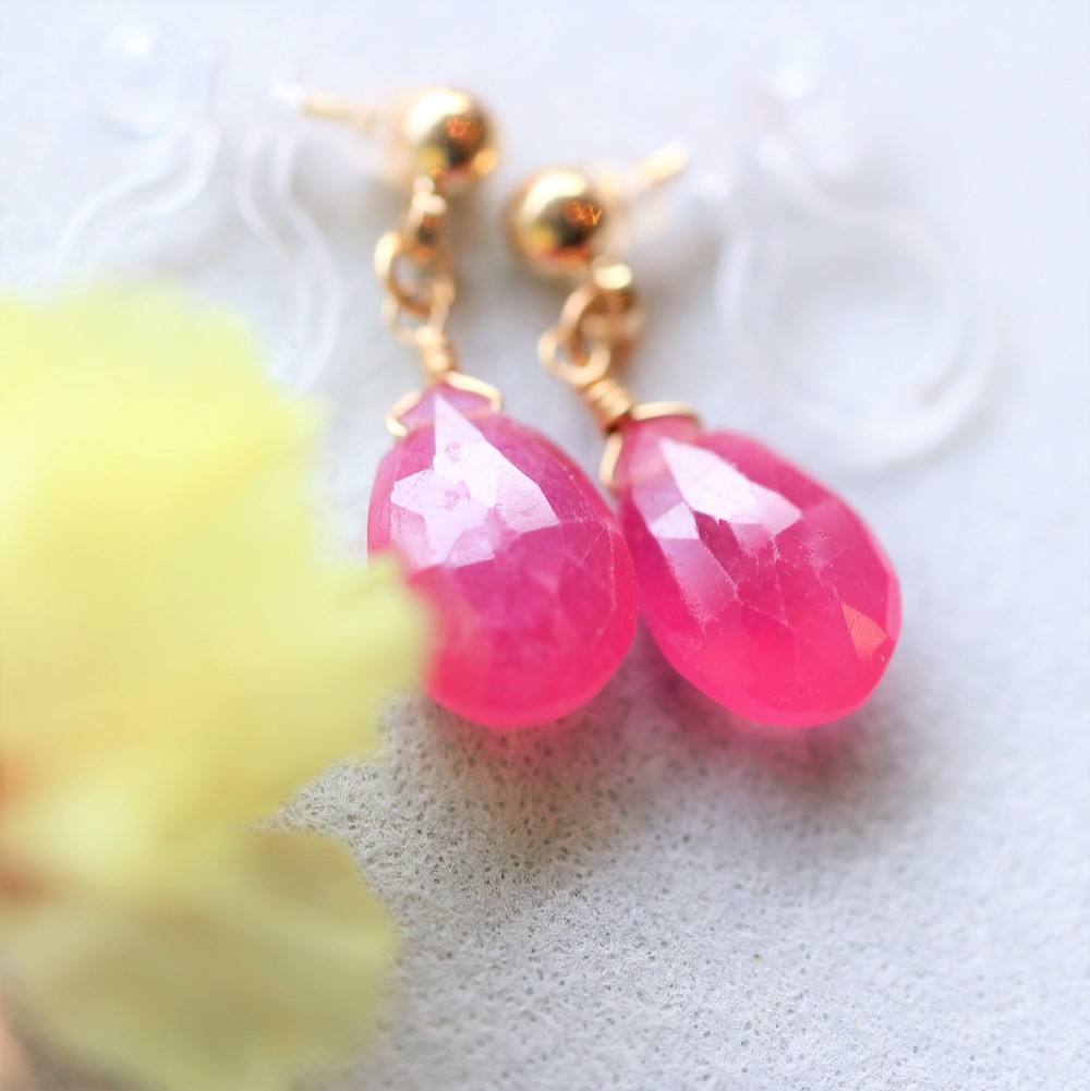 再販！7月誕生石＊14kgf！天然石＊ルビーの一粒ノンホールイヤリング