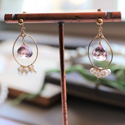 新*14kgf！ Kunzite Quartz and Pearl Charm 耳環（允許戴耳環） 第4張的照片