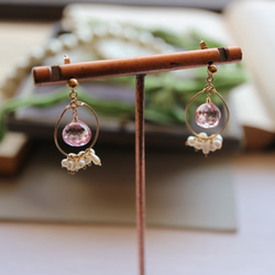 新*14kgf！ Kunzite Quartz and Pearl Charm 耳環（允許戴耳環） 第5張的照片