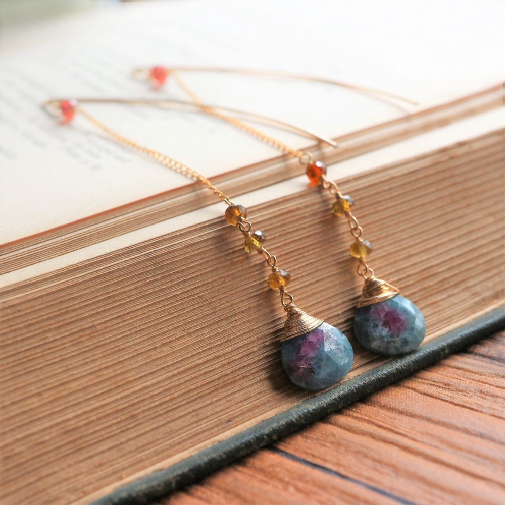 再…販！人気*ルビーインゾイサイトとトルマリンのフックチェーンピアス