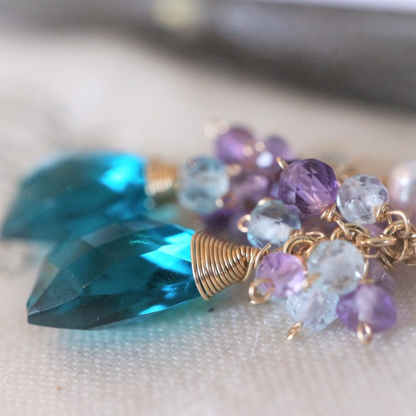 Re ... Sale * 14Kgf! Paraiba 藍色石英和紫水晶耳環 x 耳環 第7張的照片