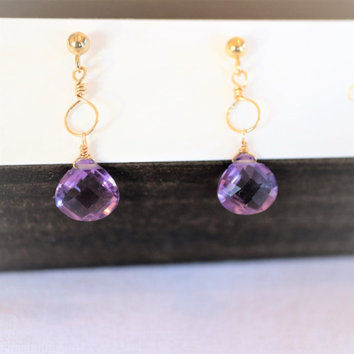 再…販＊14Kgf!ピンクアメジストの輪っかチャームピアス×イヤリング