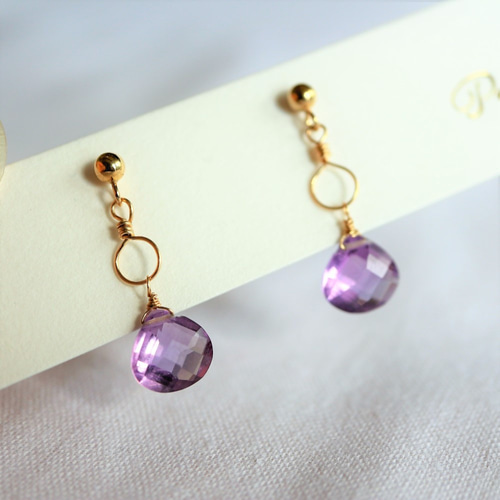 533/14kgf宝石質ピンク◆＆グリーン◇アメジストのピアスチャーム 再…販＊14Kgf!ピンクアメジストの輪っかチャームピアス×イヤリング