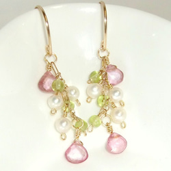 再次上架！訂單生產！耳環允許的！ 14kgf櫻花盛開的淡水珍珠和粉紅色托帕石耳環 第1張的照片