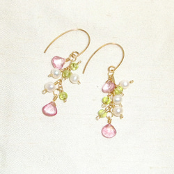 再次上架！訂單生產！耳環允許的！ 14kgf櫻花盛開的淡水珍珠和粉紅色托帕石耳環 第2張的照片