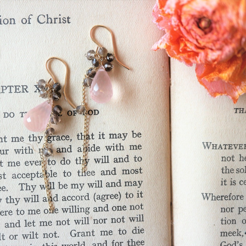 再販＊14Kgf!高品質ローズクォーツとスモーキークォーツのチェーンピアス×イヤリング