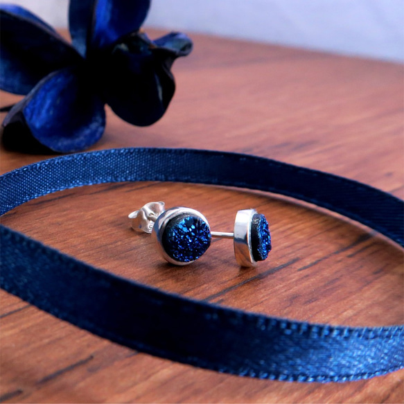 夏夜繁星 藍色 瑪瑙礦石 925純銀耳環(一對) 第2張的照片