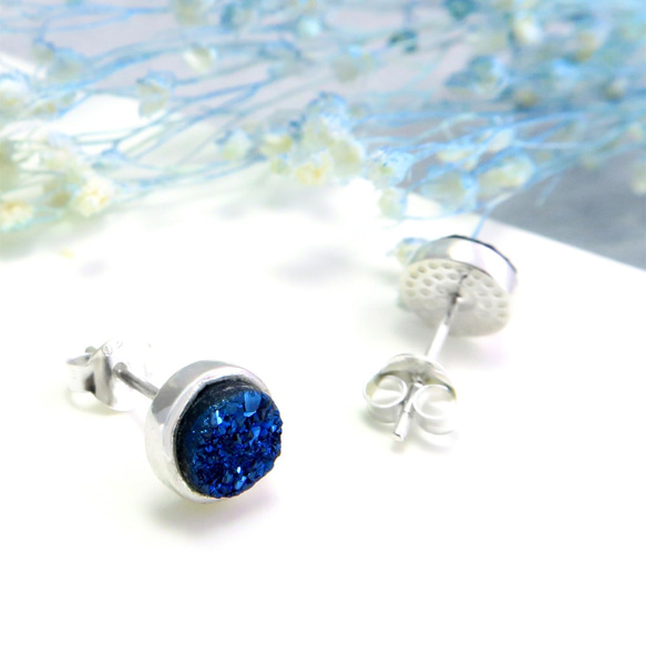 夏夜繁星 藍色 瑪瑙礦石 925純銀耳環(一對) 第4張的照片