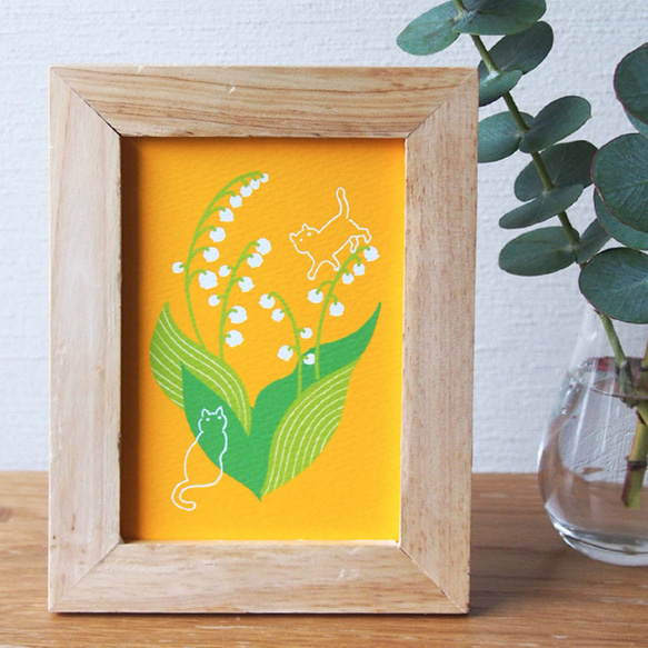 額(12×16cm)入イラスト【鈴蘭とネコ】 その他インテリア雑貨