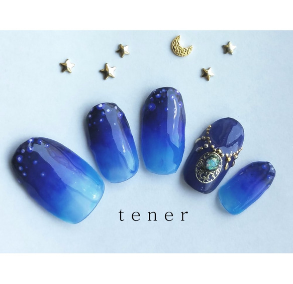 【オーダー専】サブカル グラデーション ネイルチップ ブルー 肉球 キラキラ 星 オーダー専】サブカル グラデーション ネイルチップ ブルー 肉球