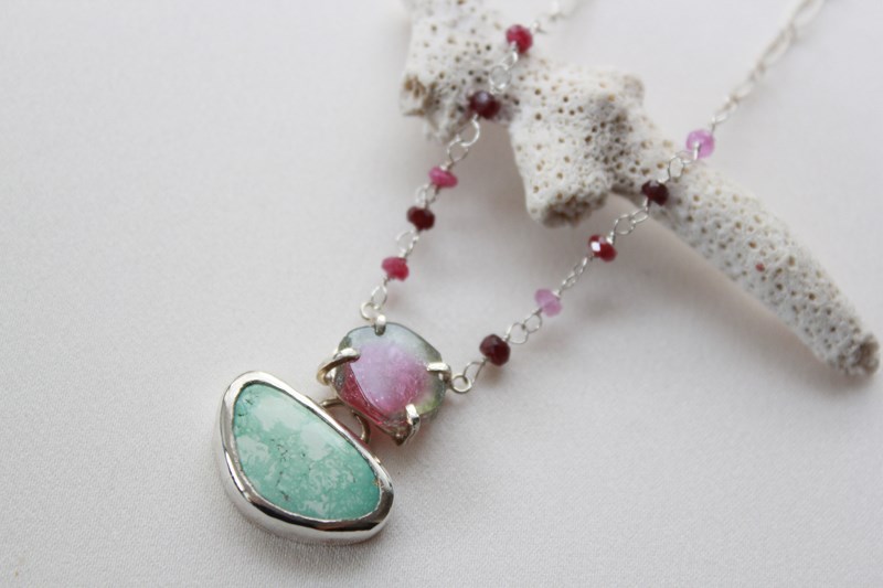 トルマリンとターコイズ　ネックレス/silver/azur
