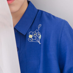 綿と麻のルーズバルーン刺繍トリミングスリーブシャツ - ブルー 10枚目の画像