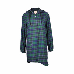 裾のフード付きロングチェック柄シャツ - ネル青と緑のチェック柄 1枚目の画像