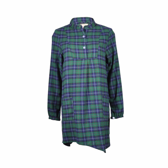 裾のフード付きロングチェック柄シャツ - ネル青と緑のチェック柄 2枚目の画像