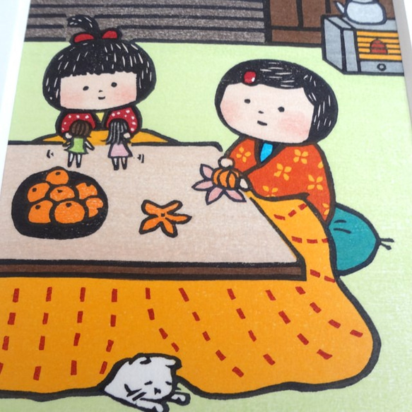 【送料無料】本格・木版画「こたつ」（額入り） 3枚目の画像