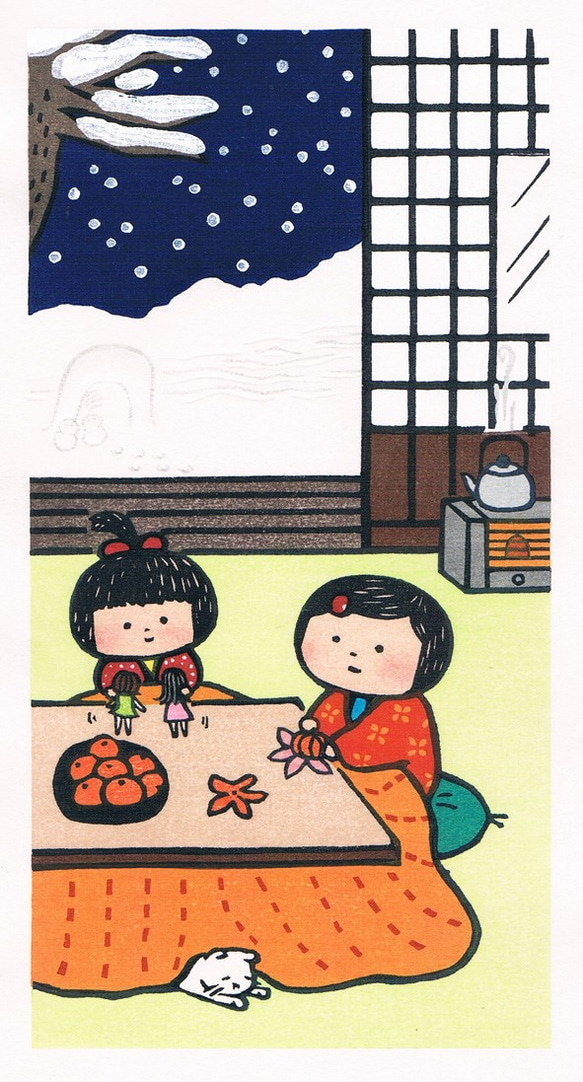 【送料無料】本格・木版画「こたつ」（額入り） 4枚目の画像