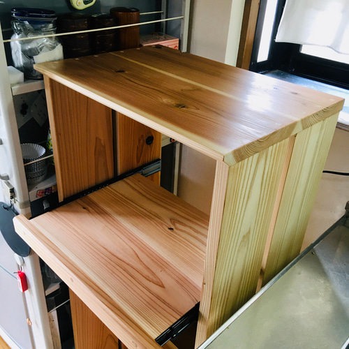 【無垢板レンジ台】天然木・収納棚・サイドキャビネット・手作り高級(静岡受取OK) 無垢板レンジ台】天然木・収納棚・サイドキャビネット・手作り