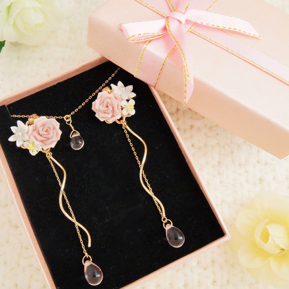 Pink Rose Coffret ~Earring ver.~ (Tsumami work *Made to order) 第1張的照片