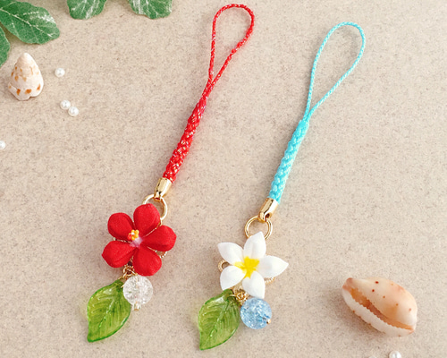 ハイビスカス・プルメリアのストラップ （ つまみ細工＊受注制作