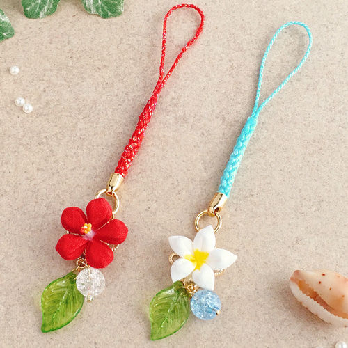 ハイビスカス・プルメリアのストラップ （ つまみ細工＊受注制作
