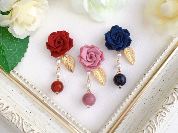 經典玫瑰和天然寶石耳環（Tsumami Work *定制） 第1張的照片