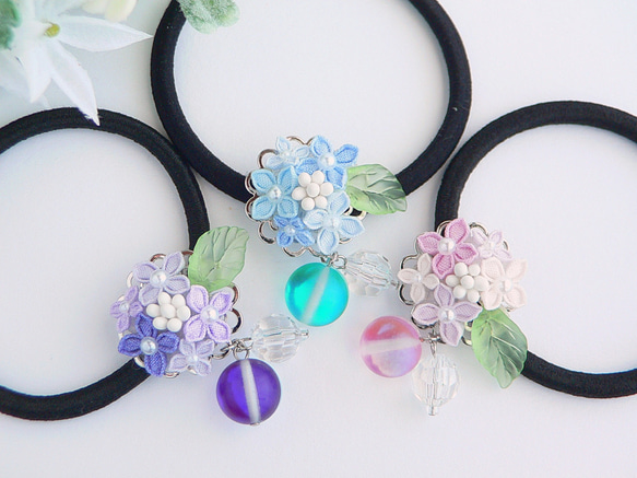 新作 あじさい入り 初夏のハート ヘアゴム がくあじさいのヘアゴム （ つまみ細工＊受注制作 ） ヘアゴム