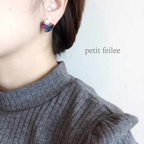 ♡2way♡ Petit Bijoux × ▽パールキャッチピアス《Purple》 4枚目の画像