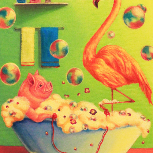 絵画　バランス Pink rose is full in bloom in my small garden.庭でピンクの