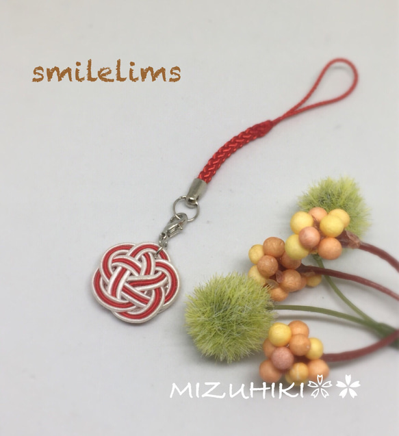 水引ストラップ（根付け）♡梅花2枚重ね ひも・コード smilelims 通販