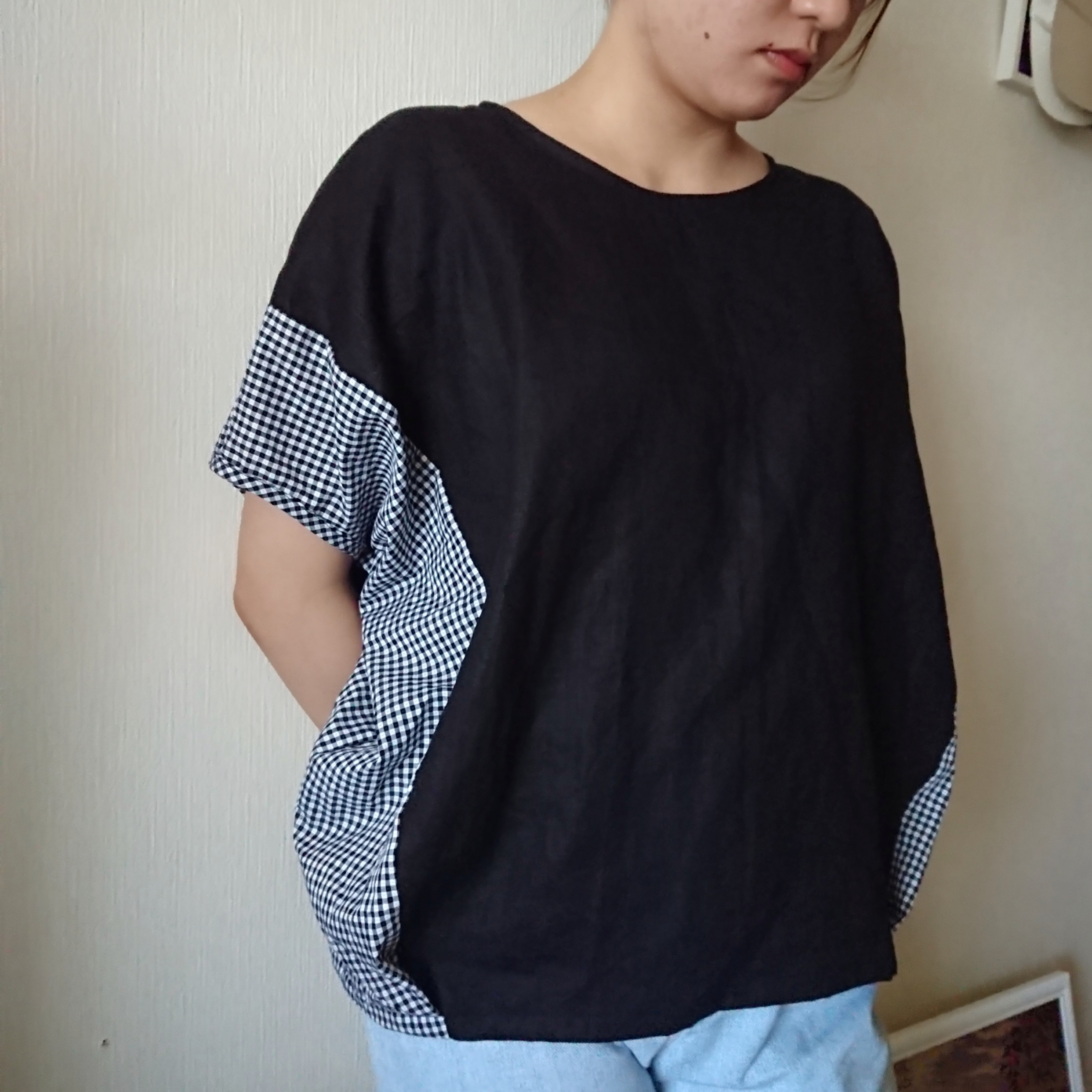 ゆったりタックドルマンプルオーバー☆ブラックリネン×ギンガムチェックコットン☆