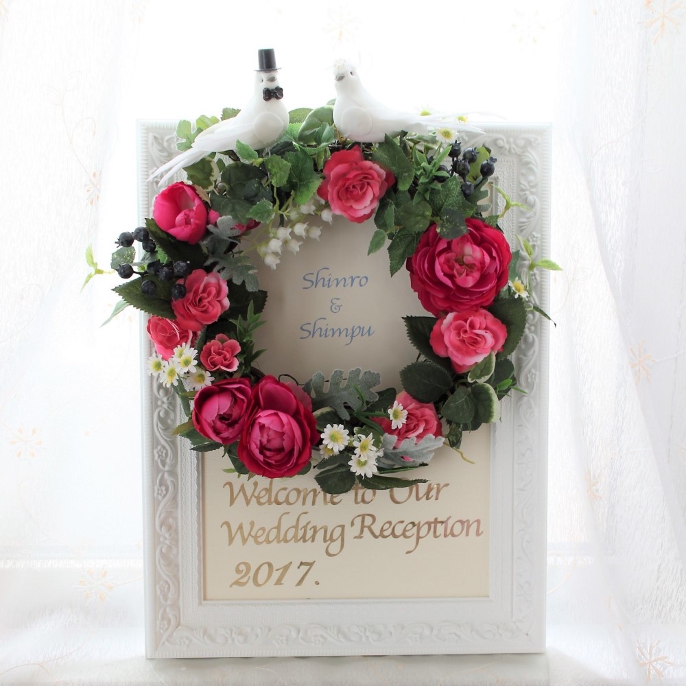 幸せの♡夫婦ハトのウェディング☆ウェルカムリース（赤系）