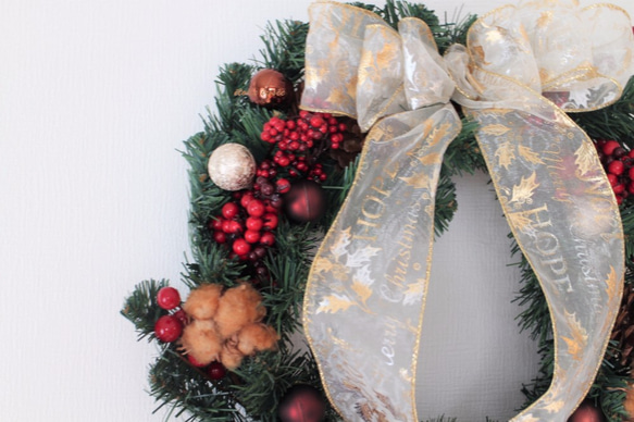 【クリスマス】大盤！直径45㎝　コットンフラワーとベリーのクリスマスリース（ゴールド系） 4枚目の画像
