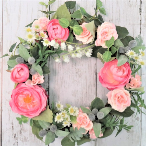 バラとすずらんのフラワーリース（ピンク系） アートフラワー étoile  