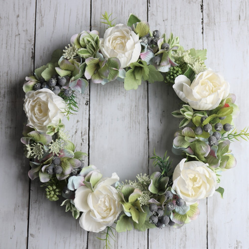 白バラと紫陽花のグリーンフラワーリース アートフラワー étoile  