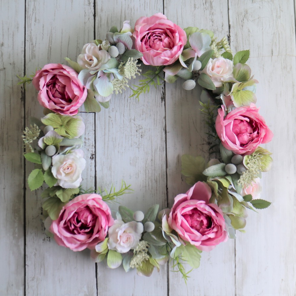 モーブ色のバラと紫陽花のグリーンフラワーリース アートフラワー