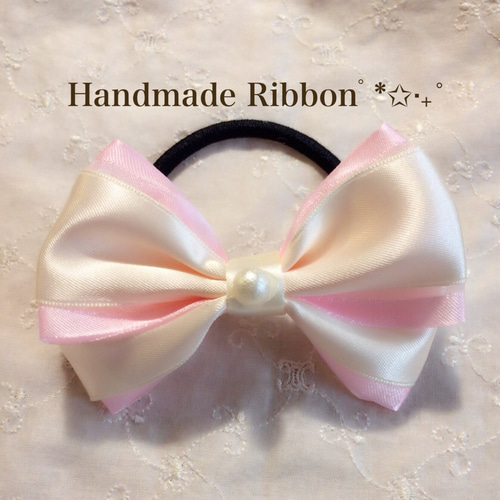 ♡リボンヘアゴム♡サテン×オーガンジー♡ピンク ヘアゴム ♡Ribbon