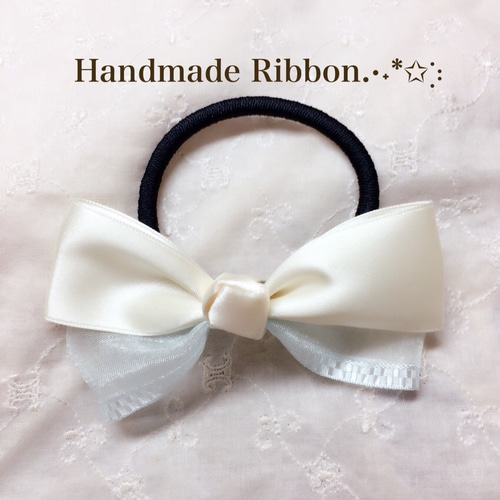 オーガンジーリボン♡ツイン♡ヘアゴム♡シェル いちご♡ チュールリボン ツイン♡ ハンドメイド リボン