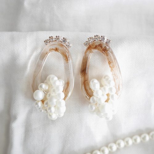 169.Marble brownべっ甲ピアス✴イヤリング パールビジュークリア 