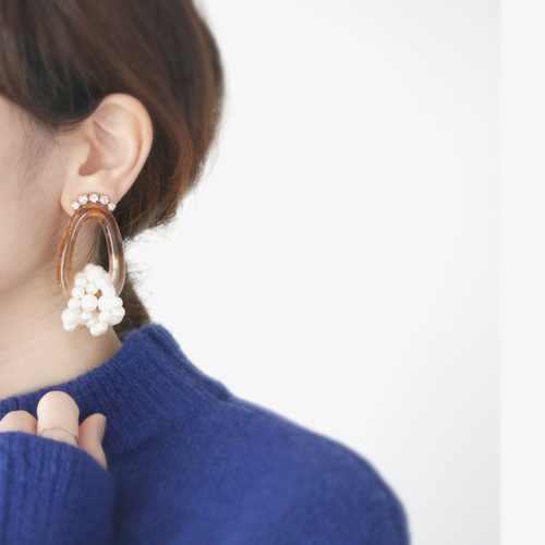 169.Marble brownべっ甲ピアス✴イヤリング パールビジュークリア 